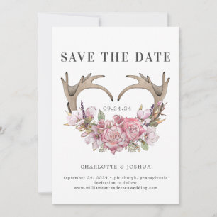 Boho Blush Floral Antlers Photo Save the Date