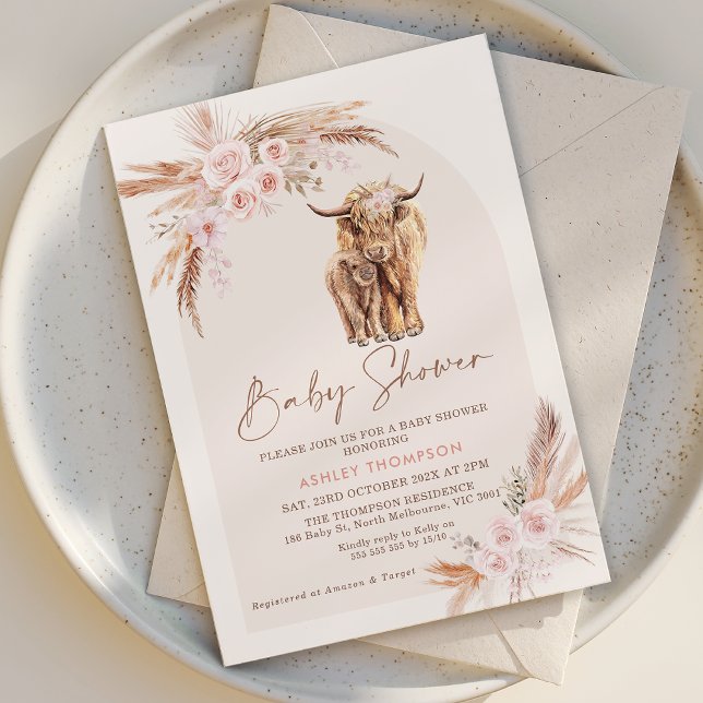 Boho Blush Floral Arch Holy Cow Baby Shower Invitation (Holy Cow Baby Shower Invitation Template Girl, Pink Highland Cow baby Shower Invitation, Boho Floral)