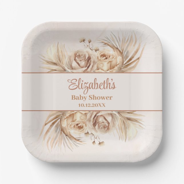 Boho Blush Floral Baby Shower Paper Plates (Front)