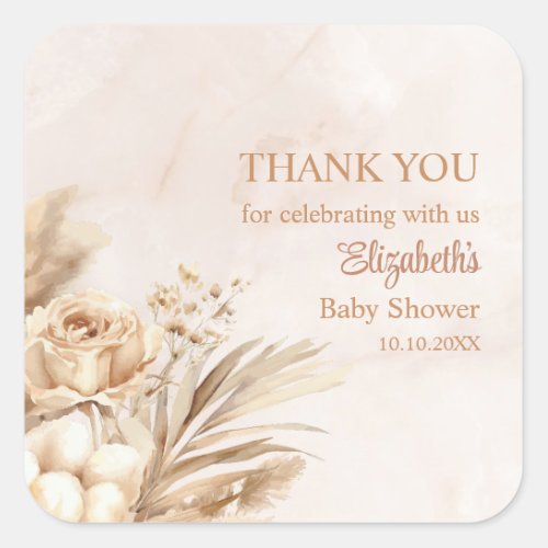 Boho Blush Floral Baby Shower Thank You Square Sticker