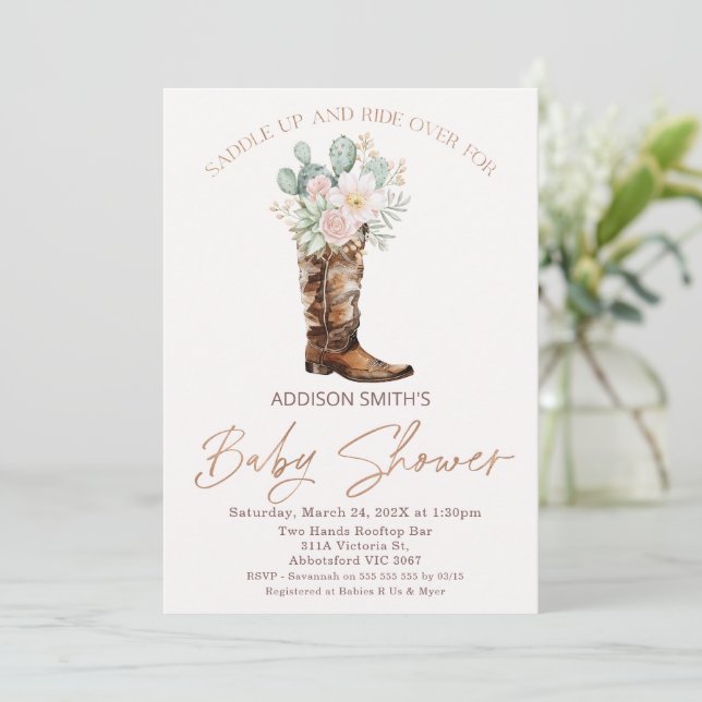 Boho Blush Floral Cacti Boot Baby Shower Invitation (Standing Front)