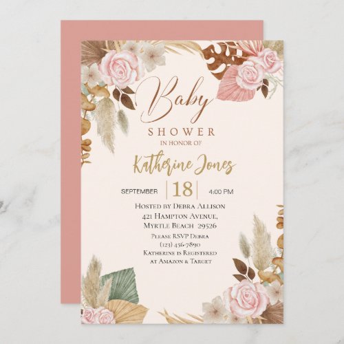 Boho Blush floral eucalyptus Baby Shower   Invitation