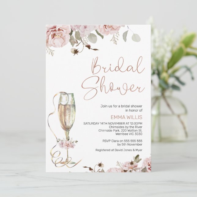 Boho Blush Floral Eucalyptus Bridal Shower Invitation (Standing Front)