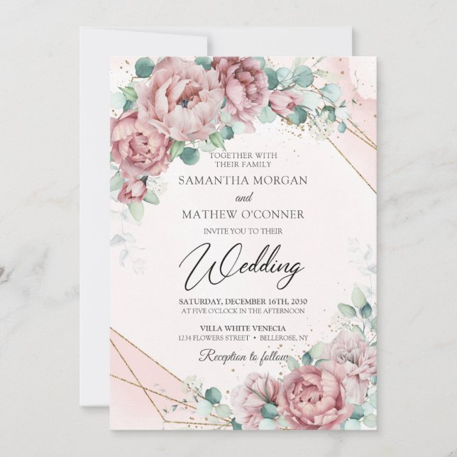 Boho blush floral eucalyptus foliage faux gold invitation (Front)