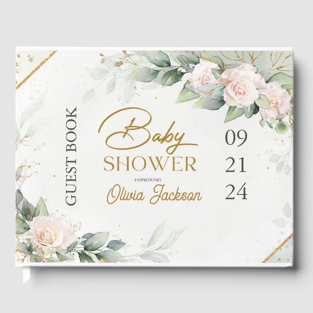 Boho Blush Floral Eucalyptus Frame Baby Shower Guest Book (Front)