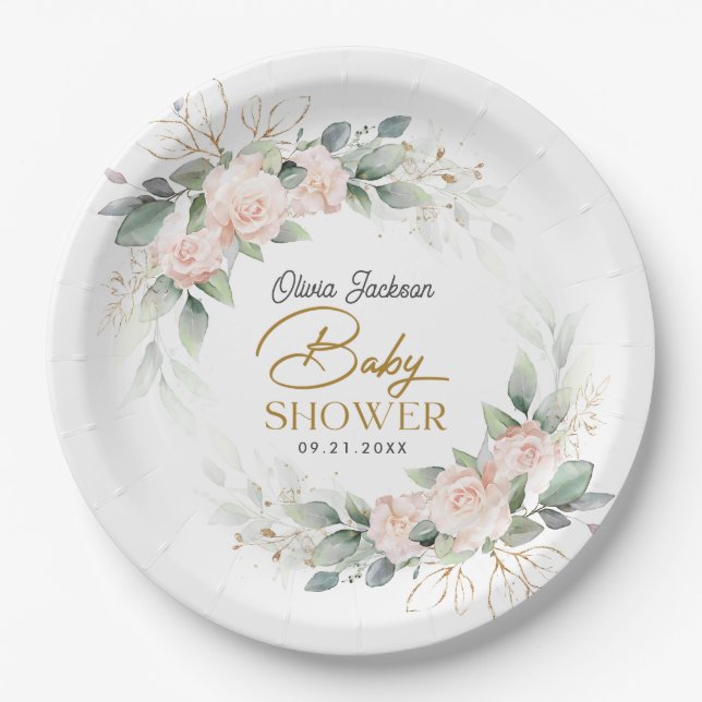 Boho Blush Floral Eucalyptus Frame Baby Shower Paper Plates (Front)