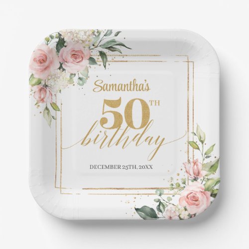 Boho blush floral eucalyptus gold 50th birthday paper plates