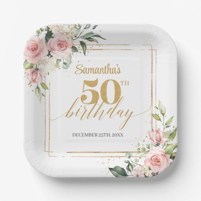 Boho blush floral eucalyptus gold 50th birthday paper plates (Front)