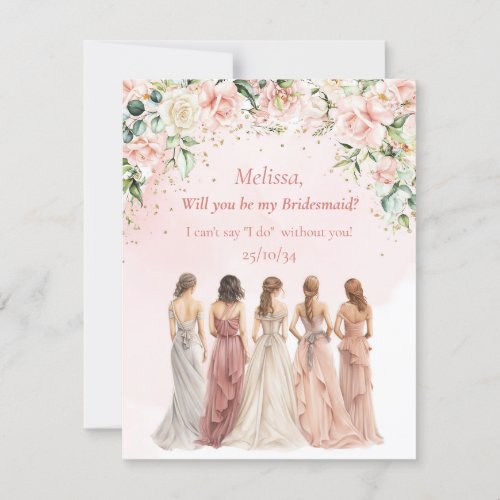 Boho Blush Floral Eucalyptus gold Bridesmaid Invitation