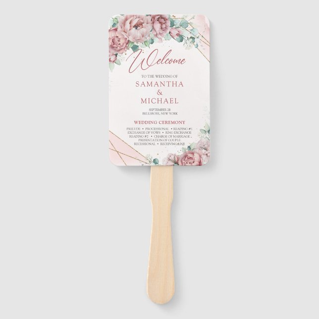 Boho blush floral eucalyptus gold frame hand fan (Front)