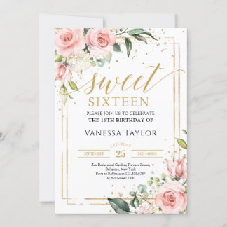 Boho blush floral eucalyptus gold glitter 16th invitation