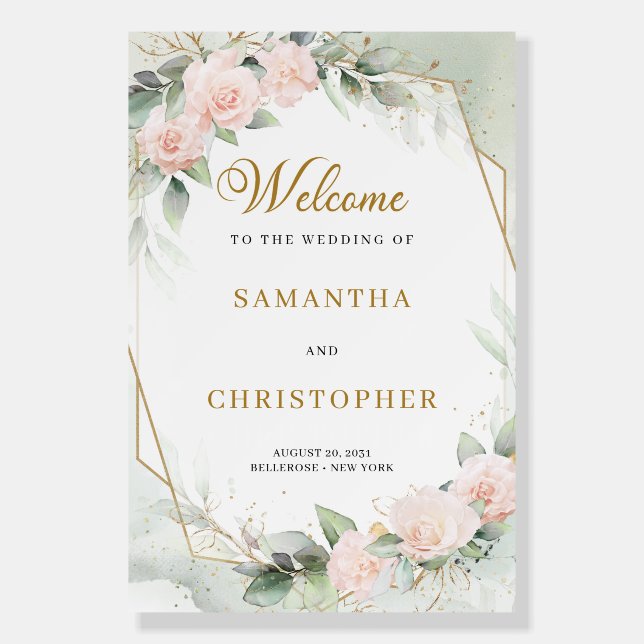 Boho blush floral eucalyptus gold wedding welcome foam board (Front)