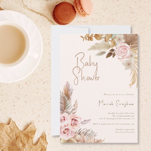 Boho Blush  Floral Fall Girl Baby Shower Invitation