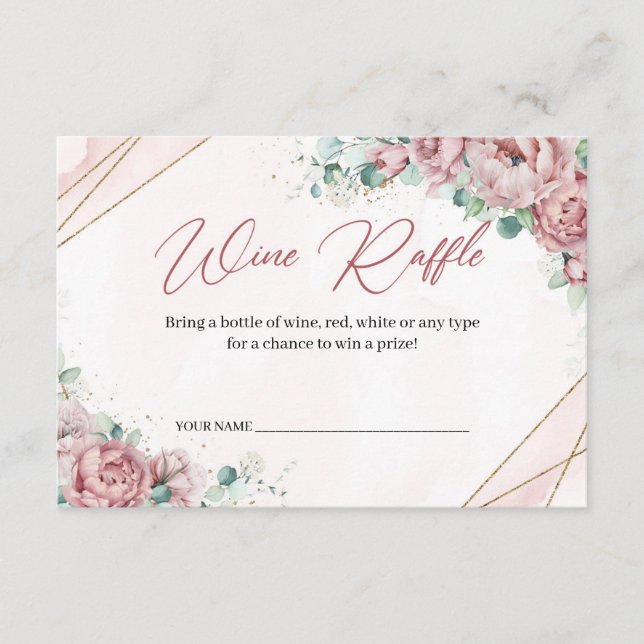 Boho Blush floral faux gold eucalyptus Wine Raffle Enclosure Card (Front)