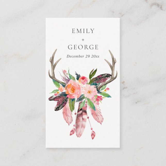 BOHO BLUSH FLORAL FEATHER ANTLER WEDDING DETAIL BUSINESS CARD (Front)
