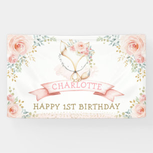 Boho Blush Floral Fox Girl Birthday Party Welcome Banner