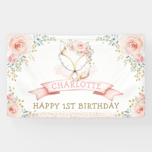 Boho Blush Floral Fox Girl Birthday Party Welcome Banner