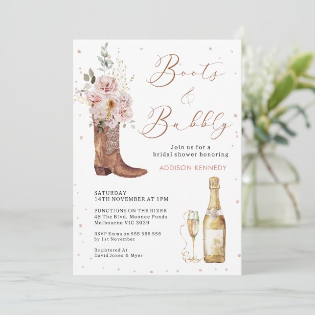Boho Blush Floral Glass Boot Bubbly Bridal Shower Invitation (Standing Front)