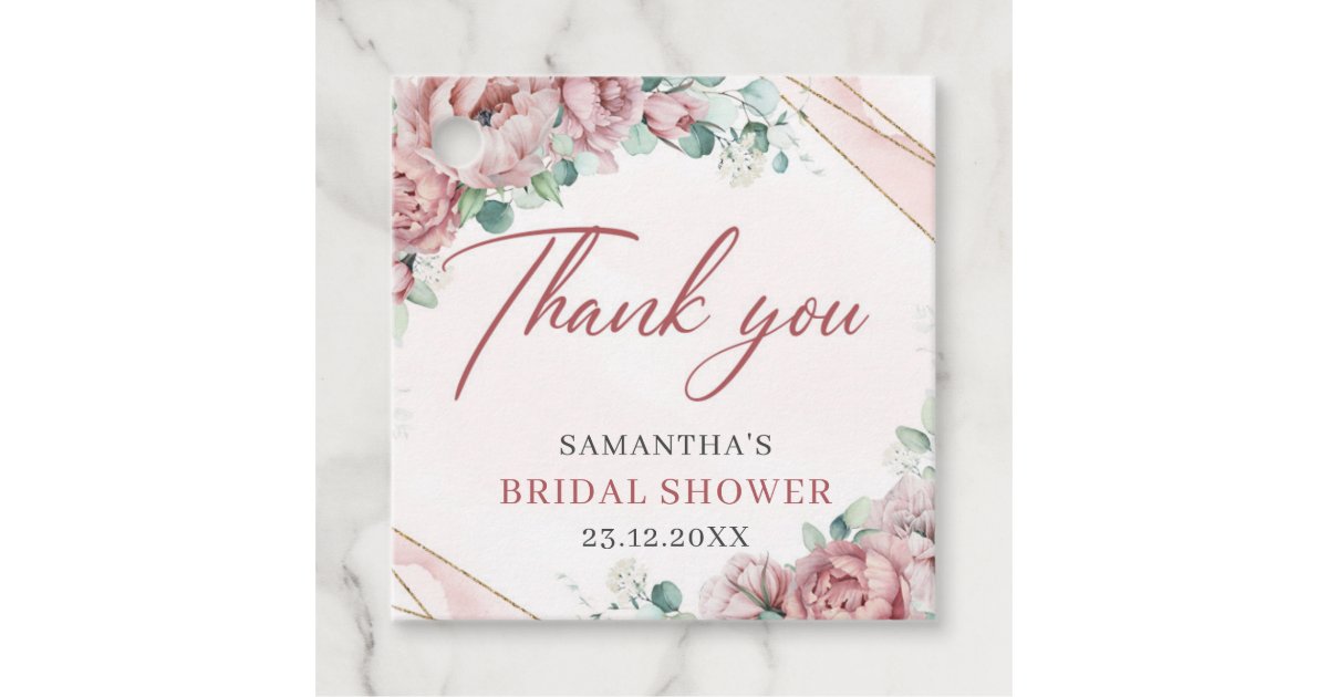Boho blush floral gold bridal shower favor tags | Zazzle