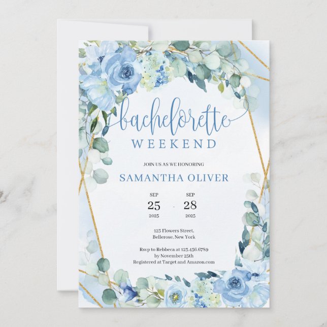 Boho Blush Floral Gold Frame Bachelorette Weekend Invitation (Front)