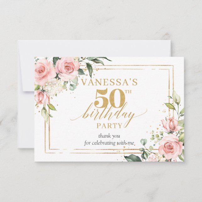 Boho Blush floral gold glitter sage 50th birthday Thank You Card (Front)
