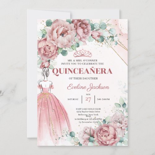 Boho blush floral gold Princess Dress Quinceanera Invitation