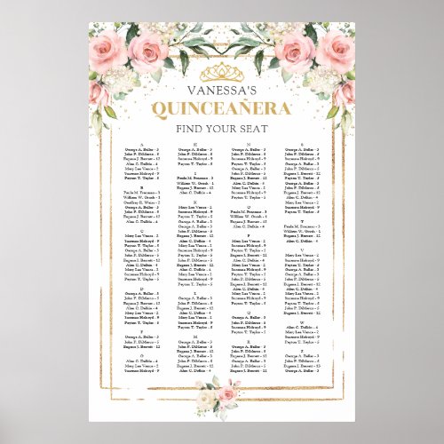 Boho blush floral gold quinceanera alphabetical poster