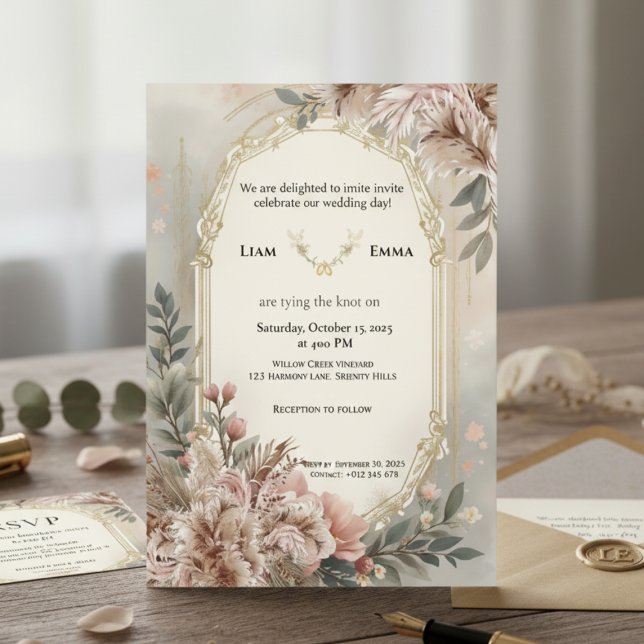 Boho Blush Floral Gold Wedding Invite (Creator Uploaded)