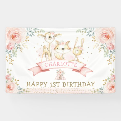 Boho Blush Floral Gold Woodland Birthday Welcome Banner