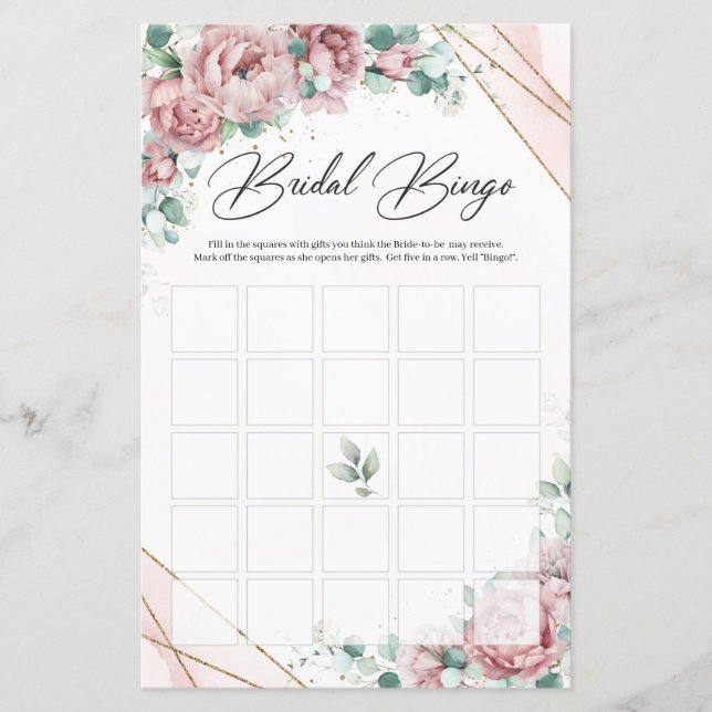 Boho blush floral greenery gold frame bridal bingo (Front)