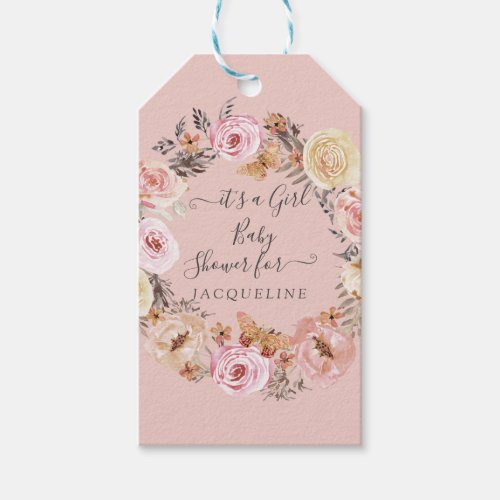 Boho Blush Floral Its a Girl Butterfly Wreath Gift Tags