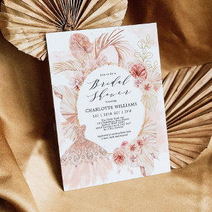 Boho Blush Floral Pampas Grass Bridal Shower Dress Invitation