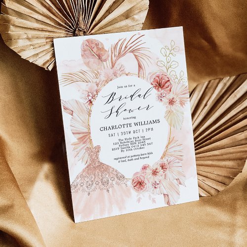 Boho Blush Floral Pampas Grass Bridal Shower Dress Invitation