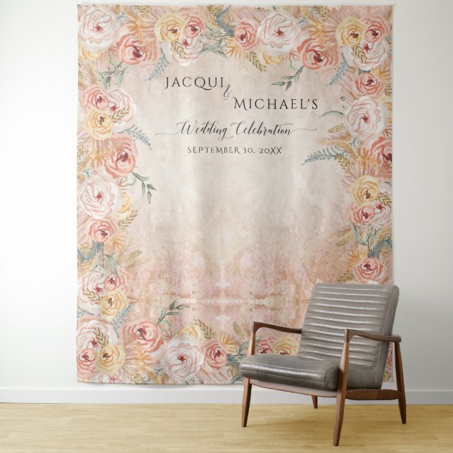 Boho Blush Floral Pampas Grass Rustic Wood Wedding Tapestry (In Situ)