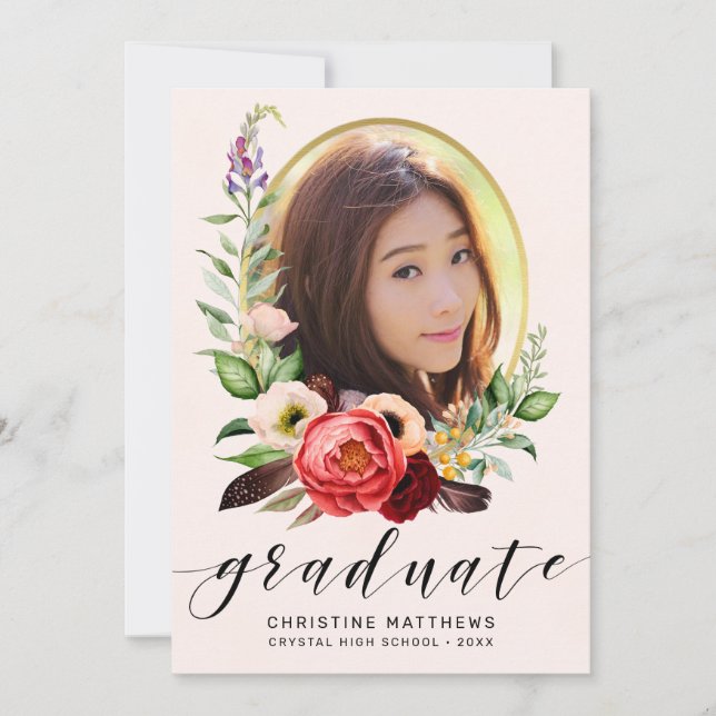 Boho Blush Floral Photo Black Script Graduation Announcement (Front)