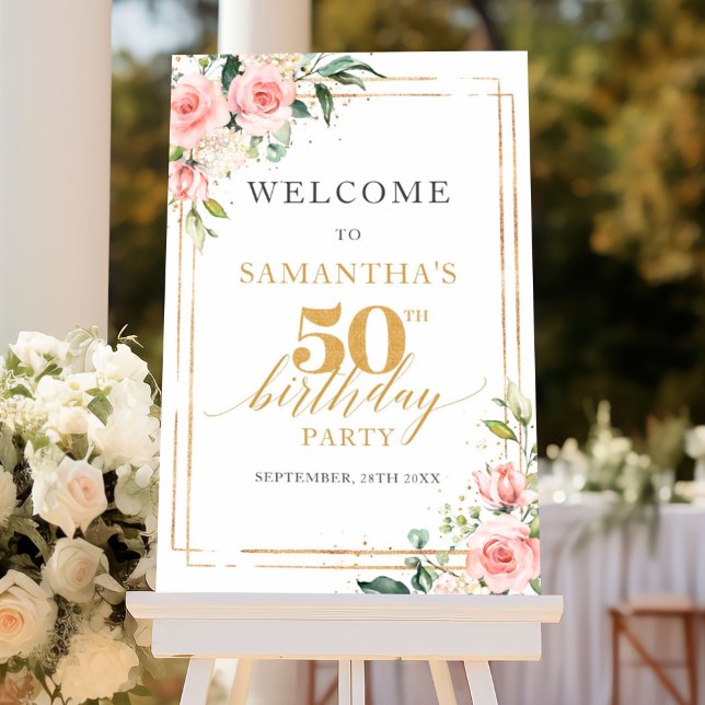 Boho Blush floral sage gold 50th birthday welcome Poster (Elegant boho blush pink roses greenery gold frame 50th birthday welcome sign )