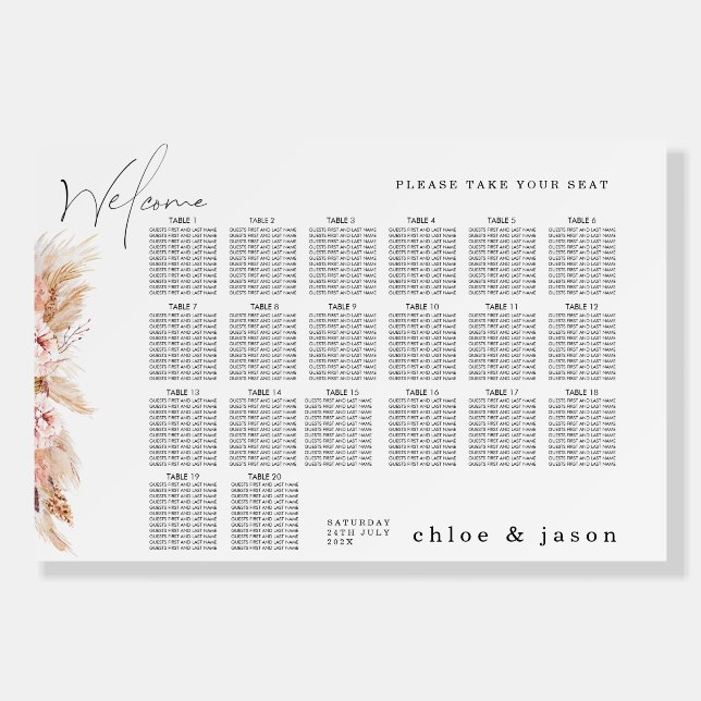 Boho Blush Floral Seating Chart Foam Board (Front)