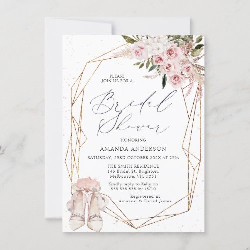 Boho Blush Floral Shoes Geometric Bridal Shower  Invitation