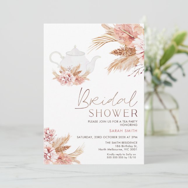 Boho Blush Floral Tea Party Bridal Shower  Invitation (Standing Front)