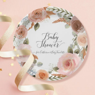 BOHO Blush Floral Watercolor Wreath Baby Shower Paper Plates