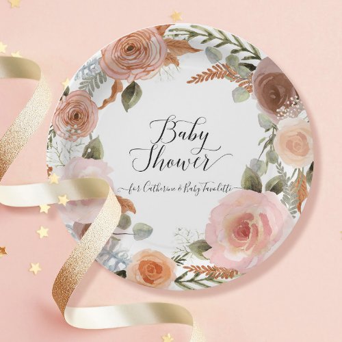 BOHO Blush Floral Watercolor Wreath Baby Shower Paper Plates