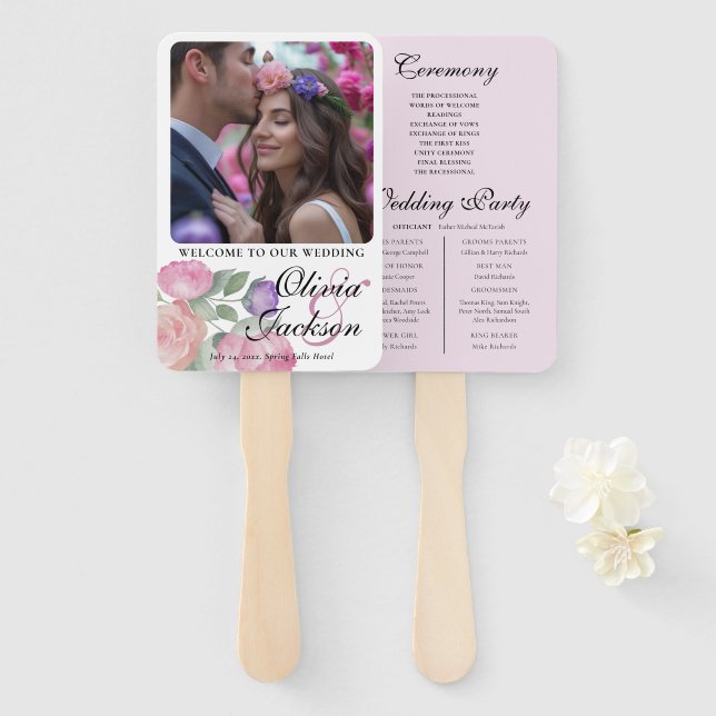 Boho Blush Floral Wedding Program Hand Fan (Front and Back)