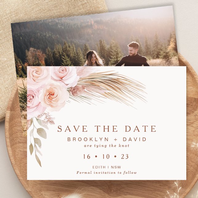Boho Blush Floral Wedding Save The Date Card (Boho Floral Wedding Save The Date Card Template, Bohemian Floral Save The Date With Photo, Pampas )