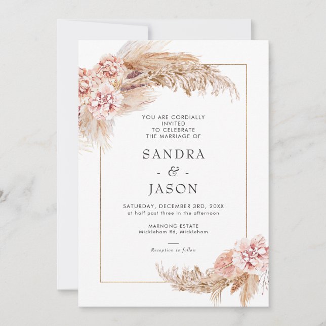 Boho Blush Floral With Frame Wedding Invitation (Front)