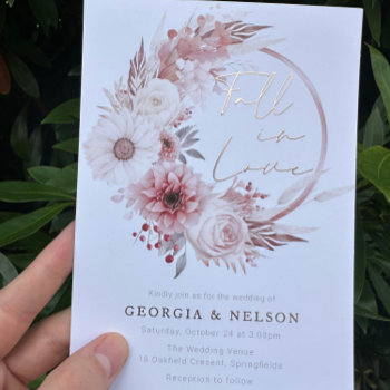 Boho Blush Floral Wreath Fall In Love Wedding  Foil Invitation by Nicheandnest at Zazzle