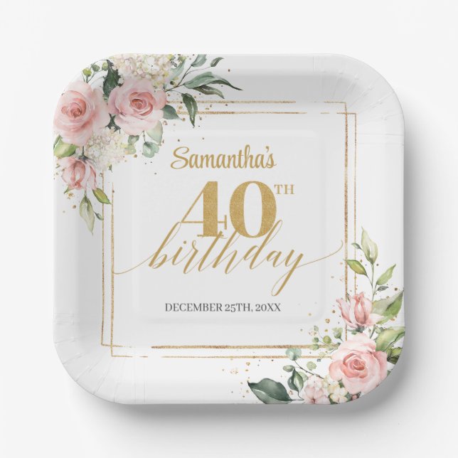 Boho blush flowers eucalyptus gold 40th birthday paper plates (Front)