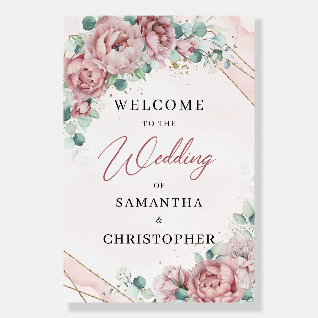 Boho blush flowers eucalyptus gold wedding welcome foam board (Front)