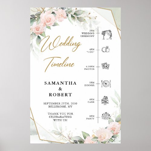 Boho blush flowers eucalyptus wedding Timeline Poster