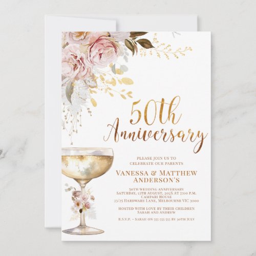 Boho Blush Gold Floral 50th Anniversary Invitation