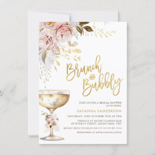 Boho Blush Gold Floral Brunch Bubbly Bridal Shower Invitation
